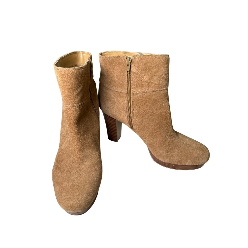 Nine West Eriellao Tan Suede High Heel Ankle Boots Side Zip Sz 10 Wooden Heel